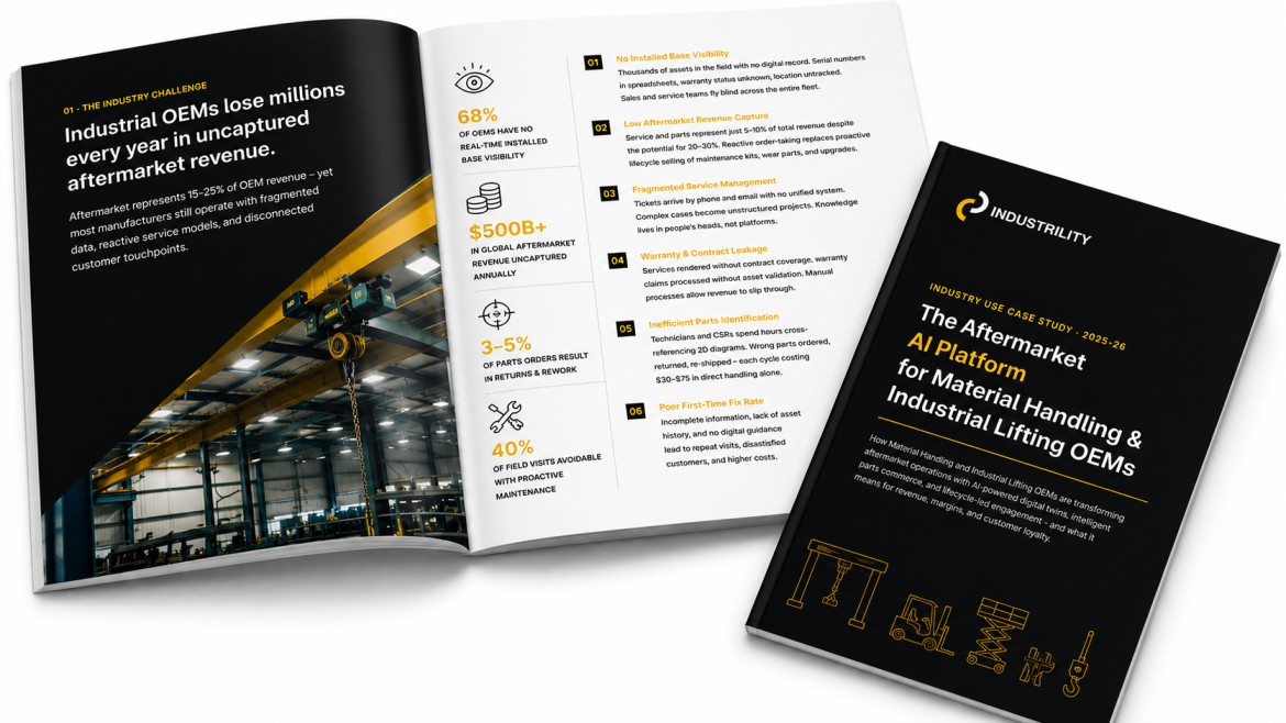 Industrility Aftermarket AI Platform case study cover and inside spread showing industry challenge statistics for material handling and industrial lifting OEMs